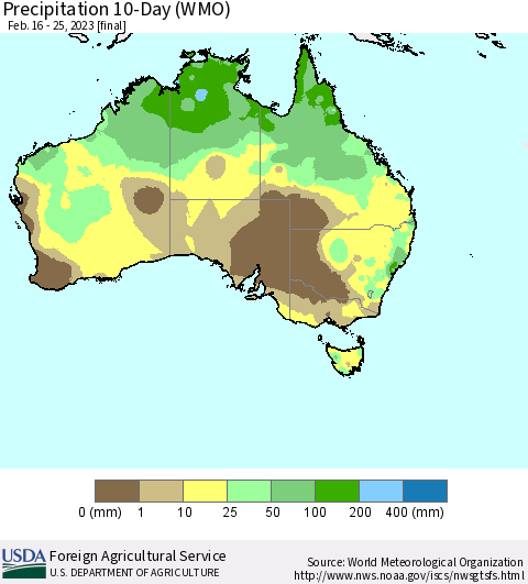 Australia Precipitation 10-Day (WMO) Thematic Map For 2/16/2023 - 2/25/2023