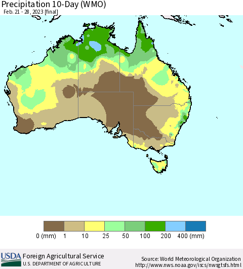 Australia Precipitation 10-Day (WMO) Thematic Map For 2/21/2023 - 2/28/2023