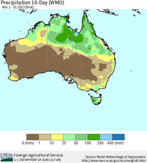 Australia Precipitation 10-Day (WMO) Thematic Map For 3/1/2023 - 3/10/2023