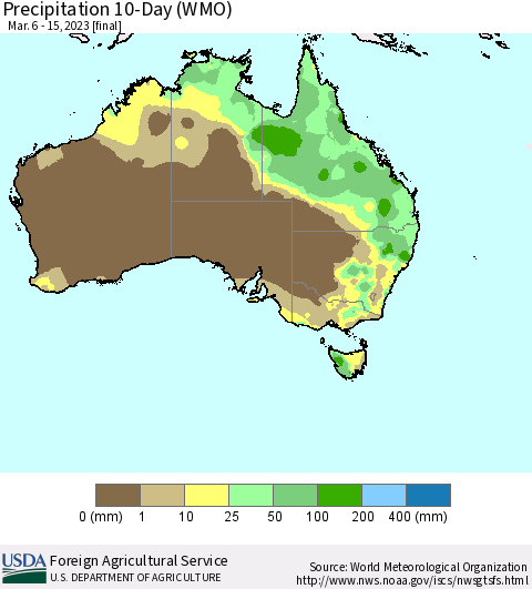 Australia Precipitation 10-Day (WMO) Thematic Map For 3/6/2023 - 3/15/2023