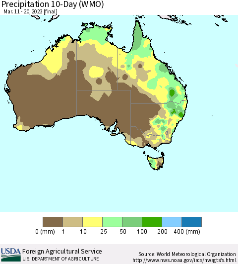 Australia Precipitation 10-Day (WMO) Thematic Map For 3/11/2023 - 3/20/2023