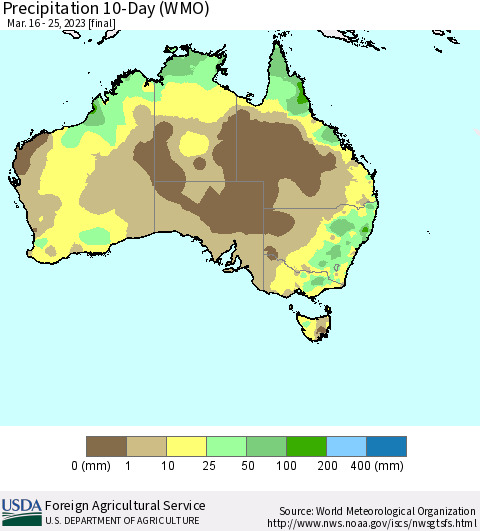 Australia Precipitation 10-Day (WMO) Thematic Map For 3/16/2023 - 3/25/2023