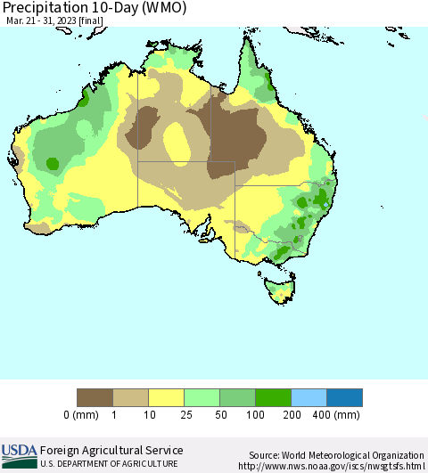 Australia Precipitation 10-Day (WMO) Thematic Map For 3/21/2023 - 3/31/2023