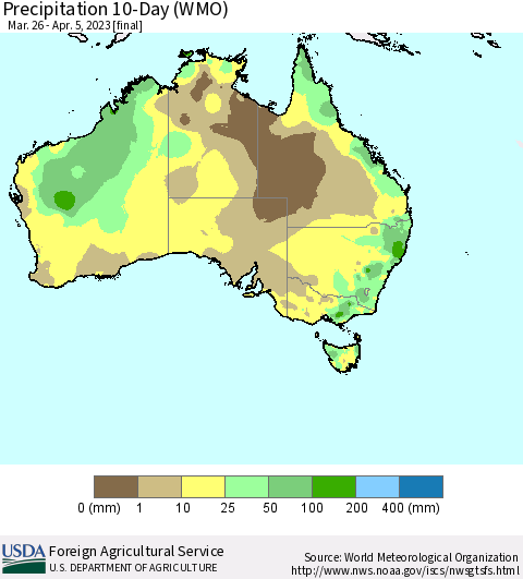 Australia Precipitation 10-Day (WMO) Thematic Map For 3/26/2023 - 4/5/2023