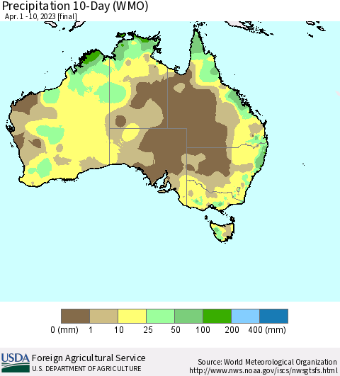 Australia Precipitation 10-Day (WMO) Thematic Map For 4/1/2023 - 4/10/2023
