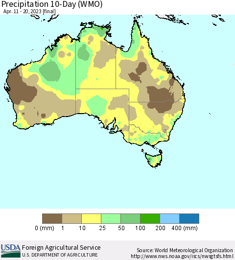 Australia Precipitation 10-Day (WMO) Thematic Map For 4/11/2023 - 4/20/2023