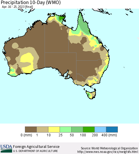 Australia Precipitation 10-Day (WMO) Thematic Map For 4/16/2023 - 4/25/2023