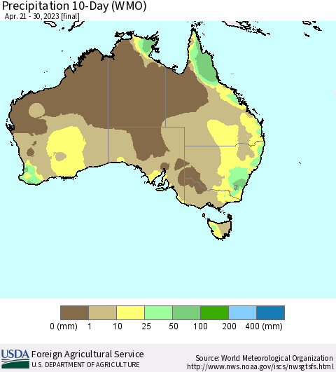 Australia Precipitation 10-Day (WMO) Thematic Map For 4/21/2023 - 4/30/2023