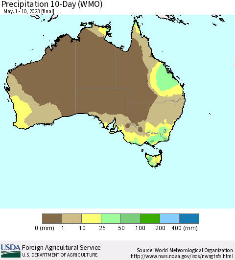 Australia Precipitation 10-Day (WMO) Thematic Map For 5/1/2023 - 5/10/2023