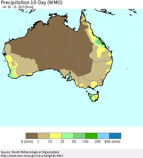 Australia Precipitation 10-Day (WMO) Thematic Map For 7/16/2023 - 7/25/2023