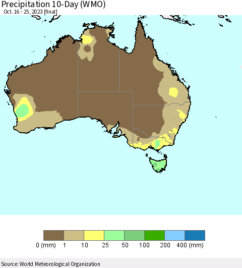 Australia Precipitation 10-Day (WMO) Thematic Map For 10/16/2023 - 10/25/2023