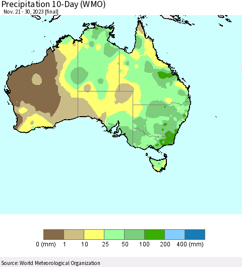 Australia Precipitation 10-Day (WMO) Thematic Map For 11/21/2023 - 11/30/2023