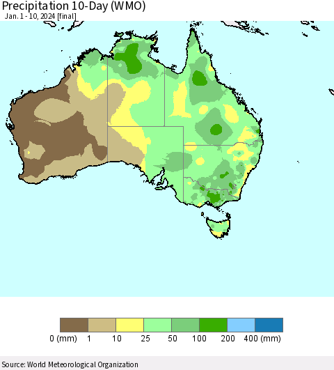Australia Precipitation 10-Day (WMO) Thematic Map For 1/1/2024 - 1/10/2024