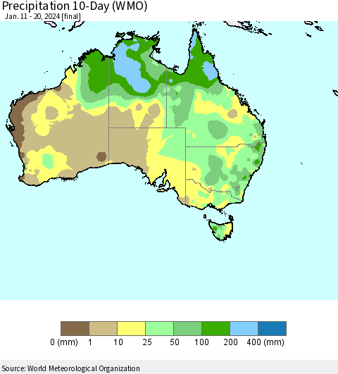 Australia Precipitation 10-Day (WMO) Thematic Map For 1/11/2024 - 1/20/2024