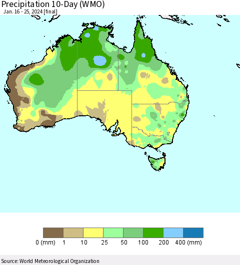 Australia Precipitation 10-Day (WMO) Thematic Map For 1/16/2024 - 1/25/2024
