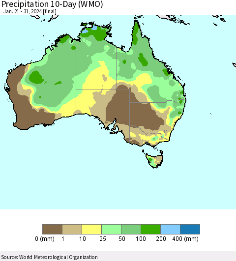 Australia Precipitation 10-Day (WMO) Thematic Map For 1/21/2024 - 1/31/2024