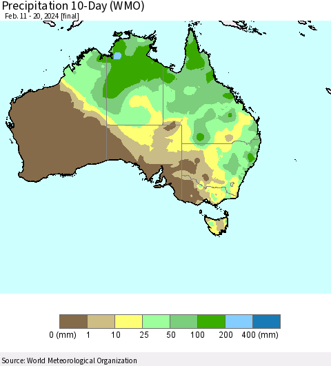Australia Precipitation 10-Day (WMO) Thematic Map For 2/11/2024 - 2/20/2024