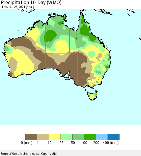 Australia Precipitation 10-Day (WMO) Thematic Map For 2/16/2024 - 2/25/2024