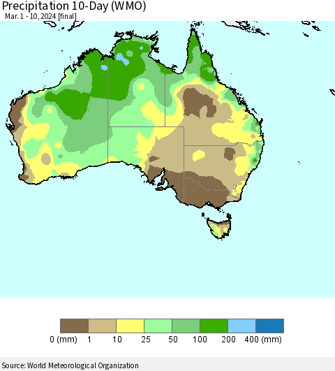 Australia Precipitation 10-Day (WMO) Thematic Map For 3/1/2024 - 3/10/2024
