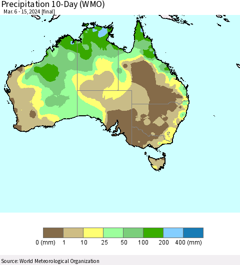 Australia Precipitation 10-Day (WMO) Thematic Map For 3/6/2024 - 3/15/2024
