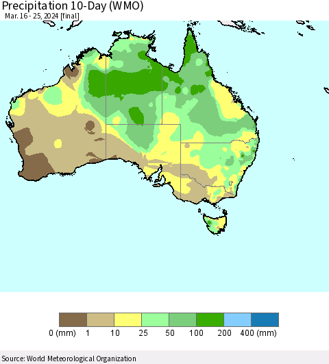 Australia Precipitation 10-Day (WMO) Thematic Map For 3/16/2024 - 3/25/2024