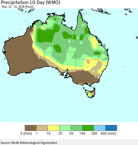 Australia Precipitation 10-Day (WMO) Thematic Map For 3/21/2024 - 3/31/2024