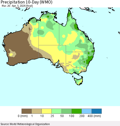 Australia Precipitation 10-Day (WMO) Thematic Map For 3/26/2024 - 4/5/2024