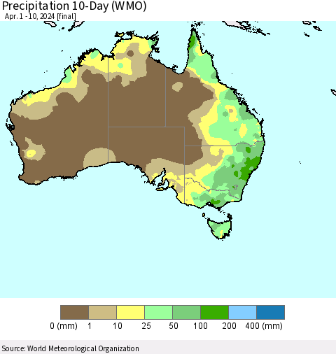 Australia Precipitation 10-Day (WMO) Thematic Map For 4/1/2024 - 4/10/2024