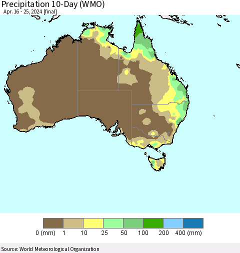 Australia Precipitation 10-Day (WMO) Thematic Map For 4/16/2024 - 4/25/2024