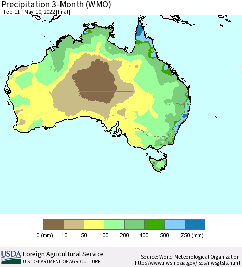 Australia Precipitation 3-Month (WMO) Thematic Map For 2/11/2022 - 5/10/2022