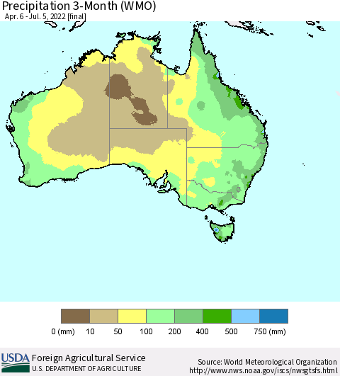 Australia Precipitation 3-Month (WMO) Thematic Map For 4/6/2022 - 7/5/2022