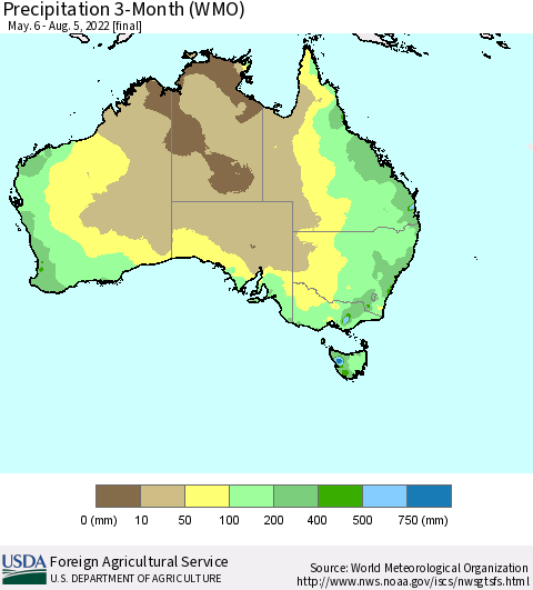 Australia Precipitation 3-Month (WMO) Thematic Map For 5/6/2022 - 8/5/2022