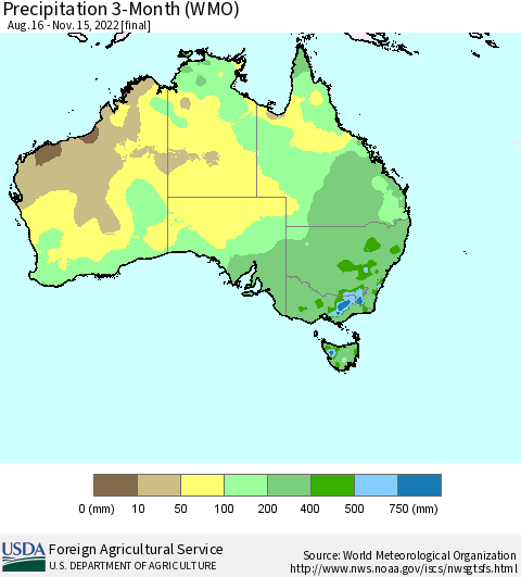 Australia Precipitation 3-Month (WMO) Thematic Map For 8/16/2022 - 11/15/2022