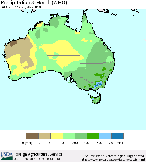 Australia Precipitation 3-Month (WMO) Thematic Map For 8/26/2022 - 11/25/2022