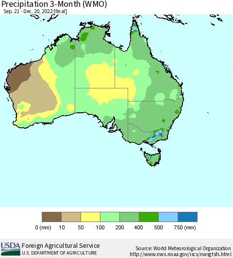 Australia Precipitation 3-Month (WMO) Thematic Map For 9/21/2022 - 12/20/2022