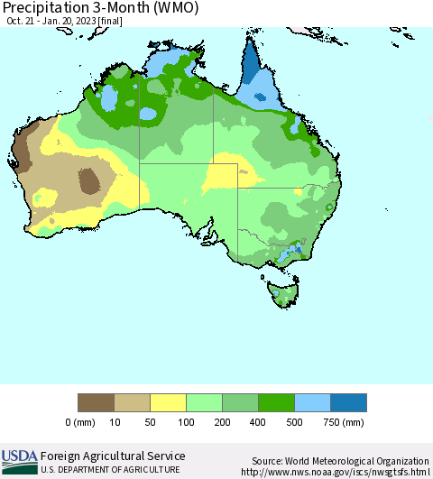 Australia Precipitation 3-Month (WMO) Thematic Map For 10/21/2022 - 1/20/2023