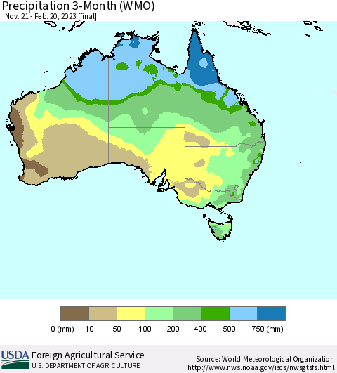 Australia Precipitation 3-Month (WMO) Thematic Map For 11/21/2022 - 2/20/2023