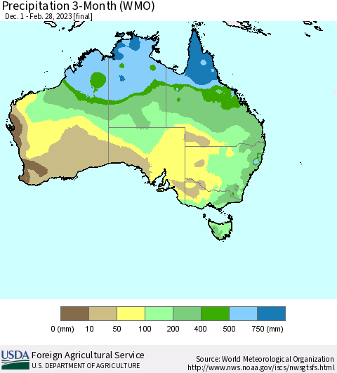 Australia Precipitation 3-Month (WMO) Thematic Map For 12/1/2022 - 2/28/2023