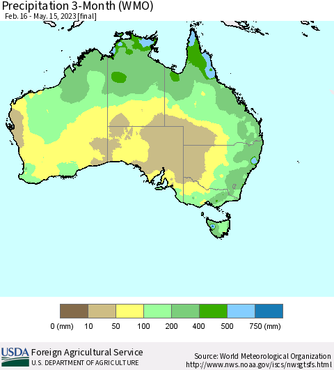 Australia Precipitation 3-Month (WMO) Thematic Map For 2/16/2023 - 5/15/2023