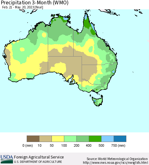 Australia Precipitation 3-Month (WMO) Thematic Map For 2/21/2023 - 5/20/2023