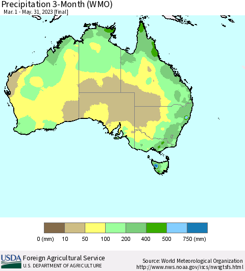 Australia Precipitation 3-Month (WMO) Thematic Map For 3/1/2023 - 5/31/2023