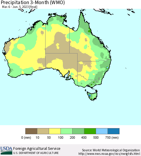 Australia Precipitation 3-Month (WMO) Thematic Map For 3/6/2023 - 6/5/2023
