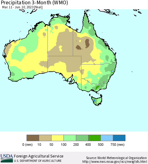 Australia Precipitation 3-Month (WMO) Thematic Map For 3/11/2023 - 6/10/2023