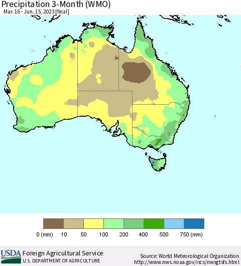 Australia Precipitation 3-Month (WMO) Thematic Map For 3/16/2023 - 6/15/2023