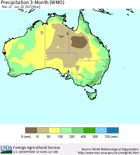 Australia Precipitation 3-Month (WMO) Thematic Map For 3/21/2023 - 6/20/2023