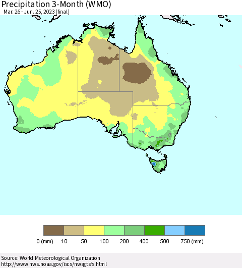 Australia Precipitation 3-Month (WMO) Thematic Map For 3/26/2023 - 6/25/2023