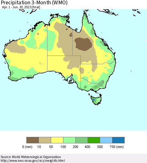 Australia Precipitation 3-Month (WMO) Thematic Map For 4/1/2023 - 6/30/2023