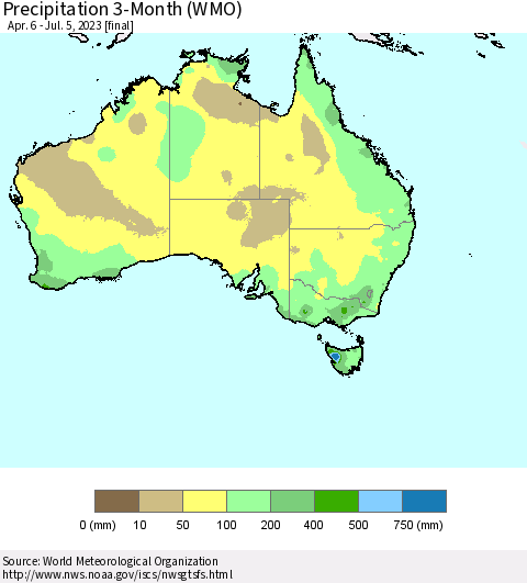 Australia Precipitation 3-Month (WMO) Thematic Map For 4/6/2023 - 7/5/2023
