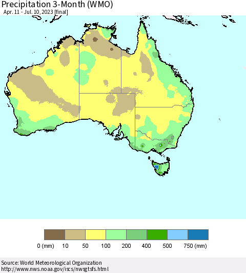 Australia Precipitation 3-Month (WMO) Thematic Map For 4/11/2023 - 7/10/2023
