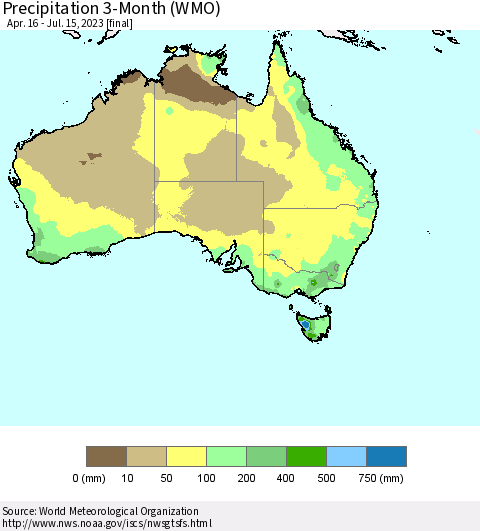 Australia Precipitation 3-Month (WMO) Thematic Map For 4/16/2023 - 7/15/2023